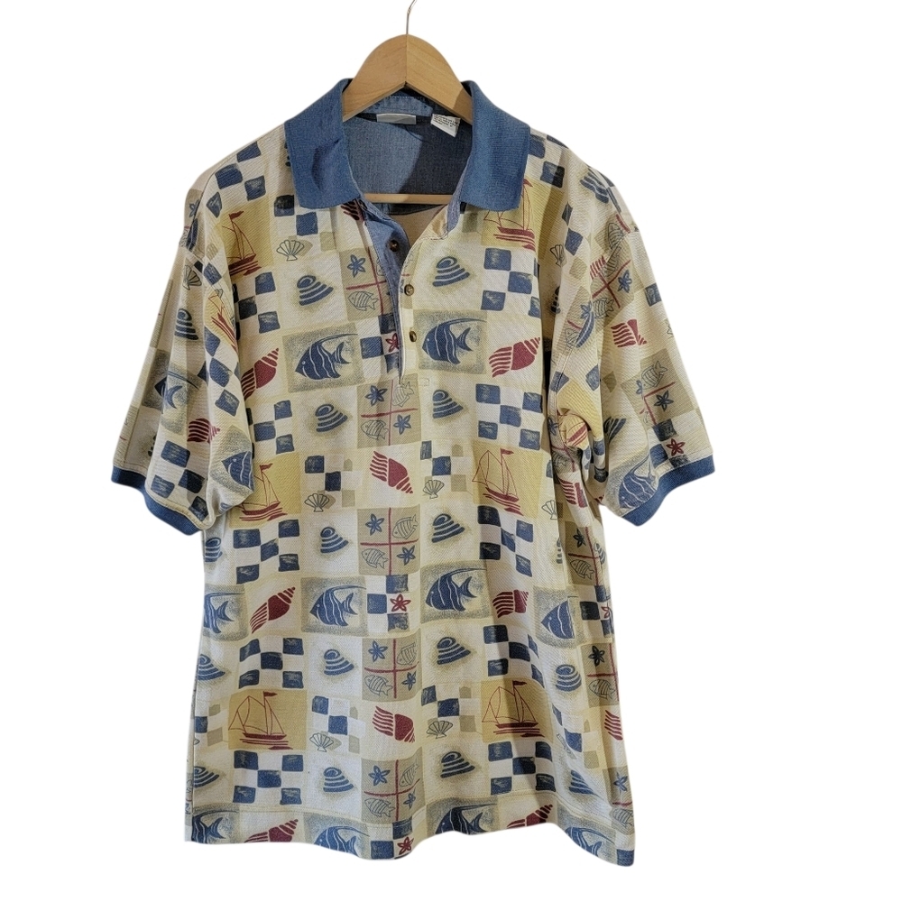 Vtg Bugle Boy Company Boat Fish Print Polo Shirt Men M  Cotton Blend Cottagecore